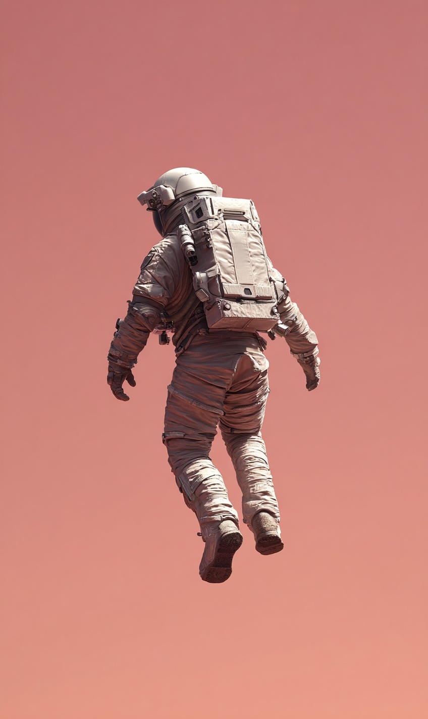 An astronaut hovers in the air against a pinkish-b...