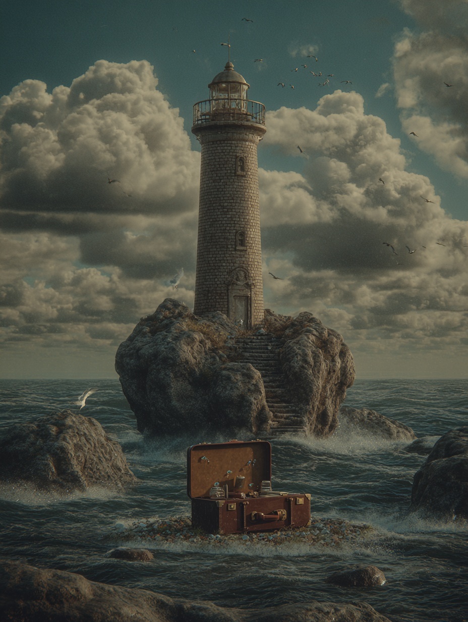 In a movie-like atmosphere, a lighthouse near a ro...