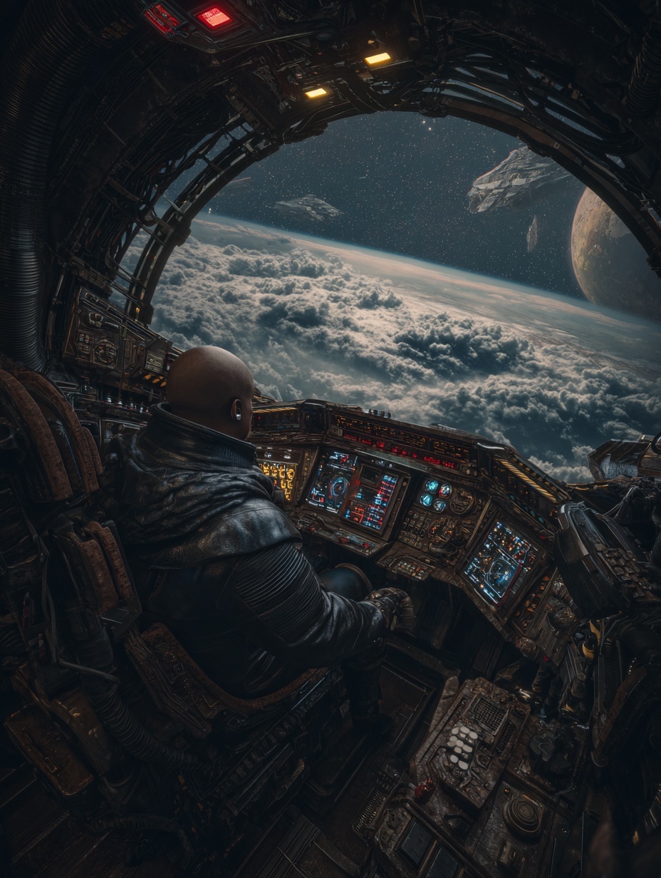 a space pirate sitting at the controls of his raid...