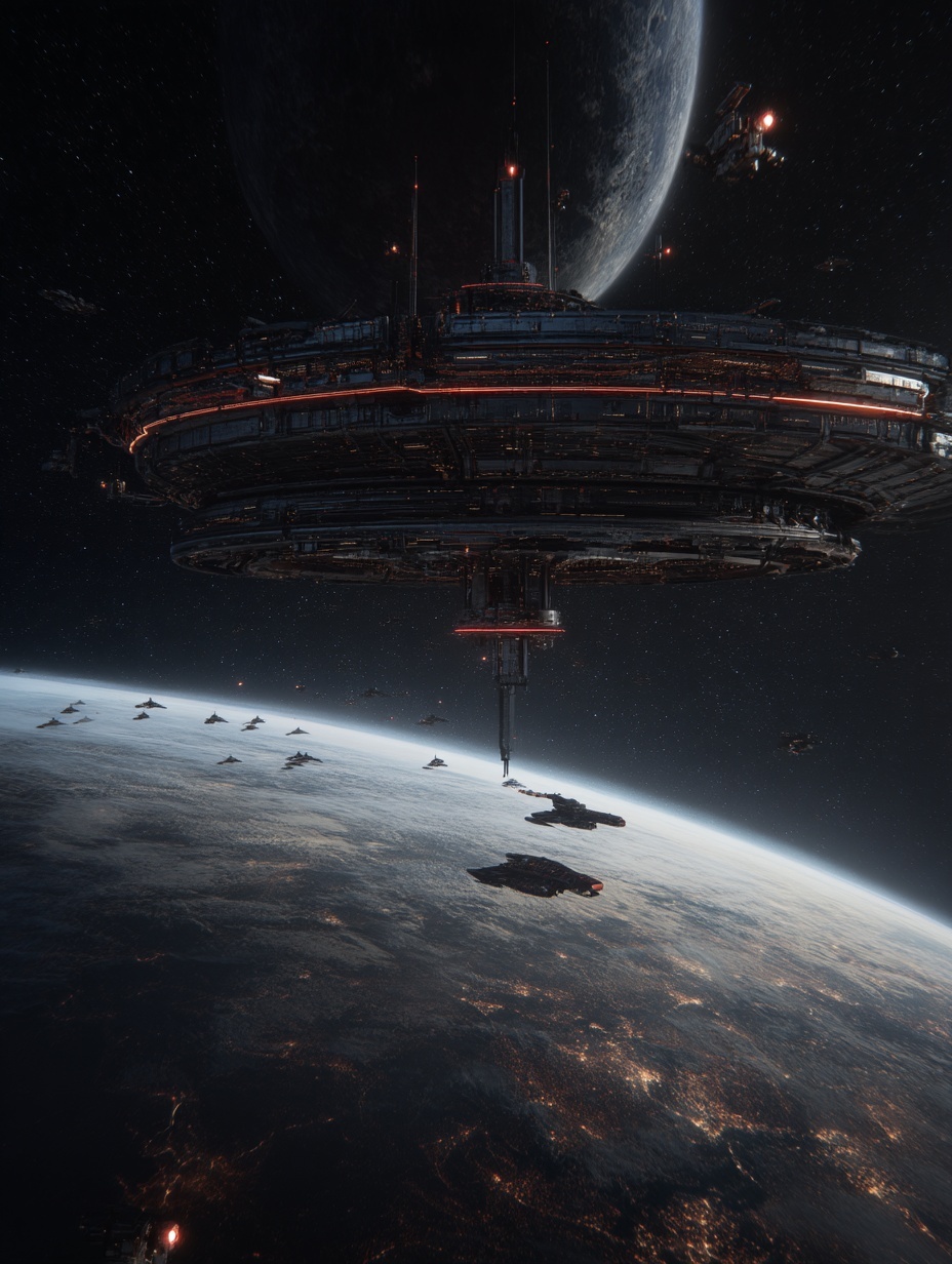 photorealistic futuristic space station orbiting a...