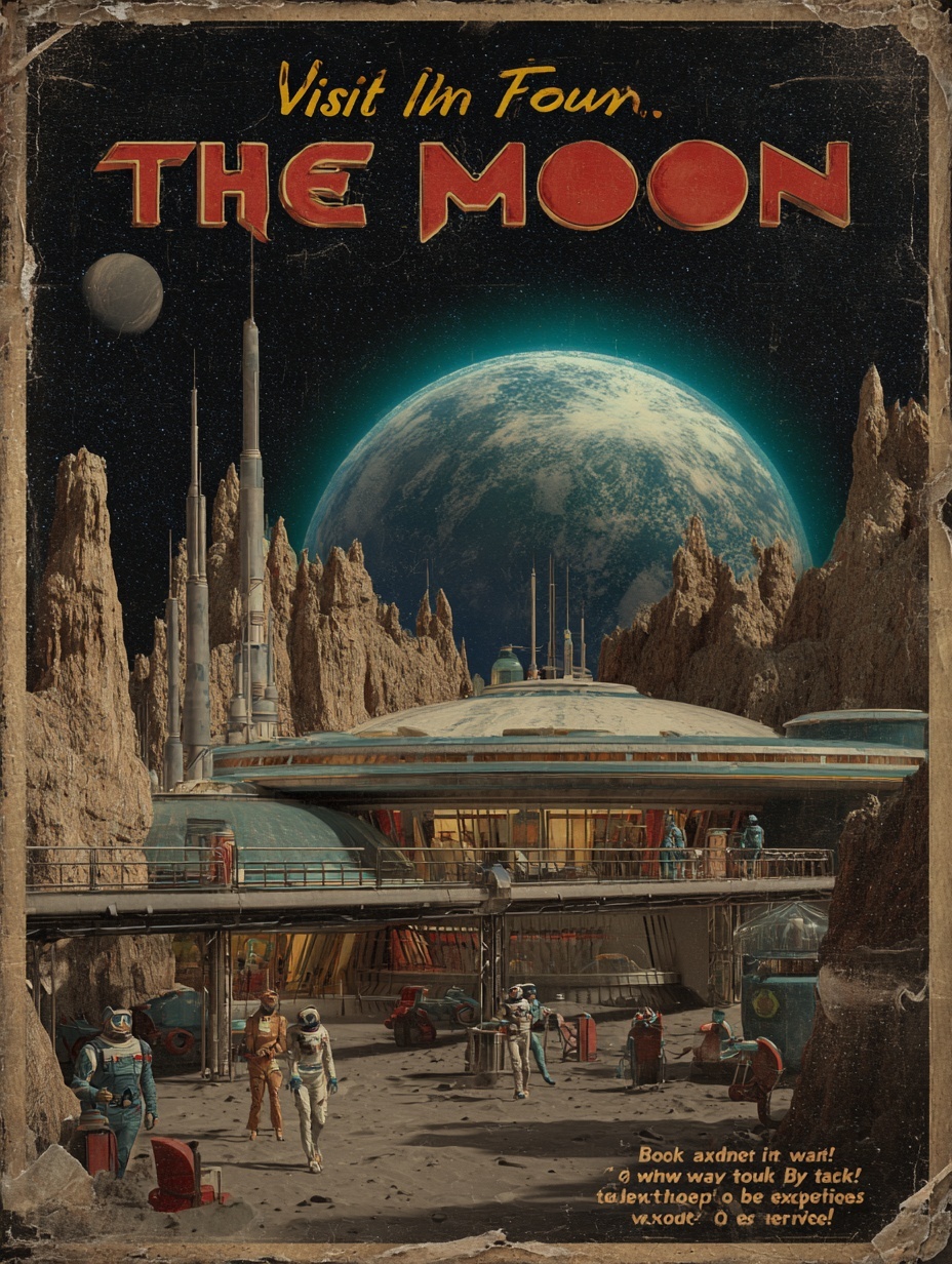 A vintage sci-fi travel poster promoting lunar tou...