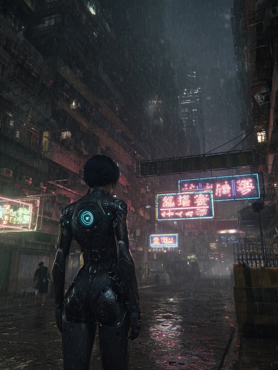 Cyberpunk anime scene, futuristic neon-lit city at...