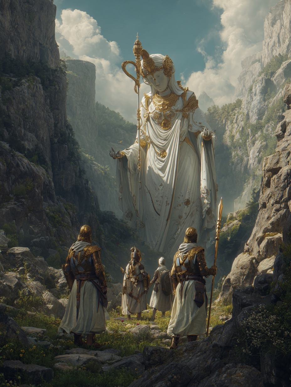 A group of travelers stumble about a large marble ...