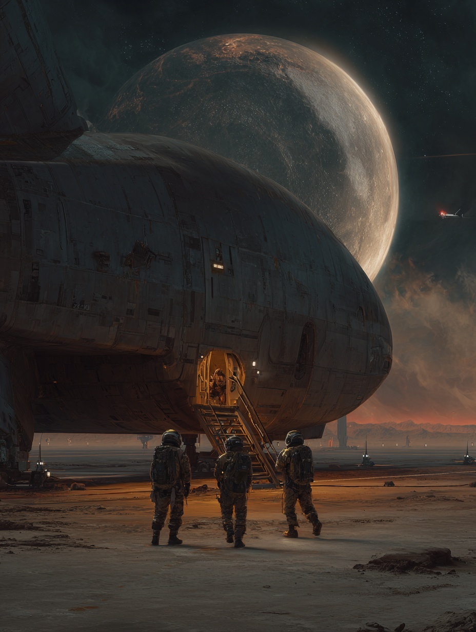 futuristic astronauts exiting the rear hull of the...