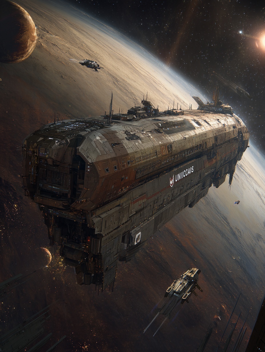 science fiction, a great freighter ship passes thr...