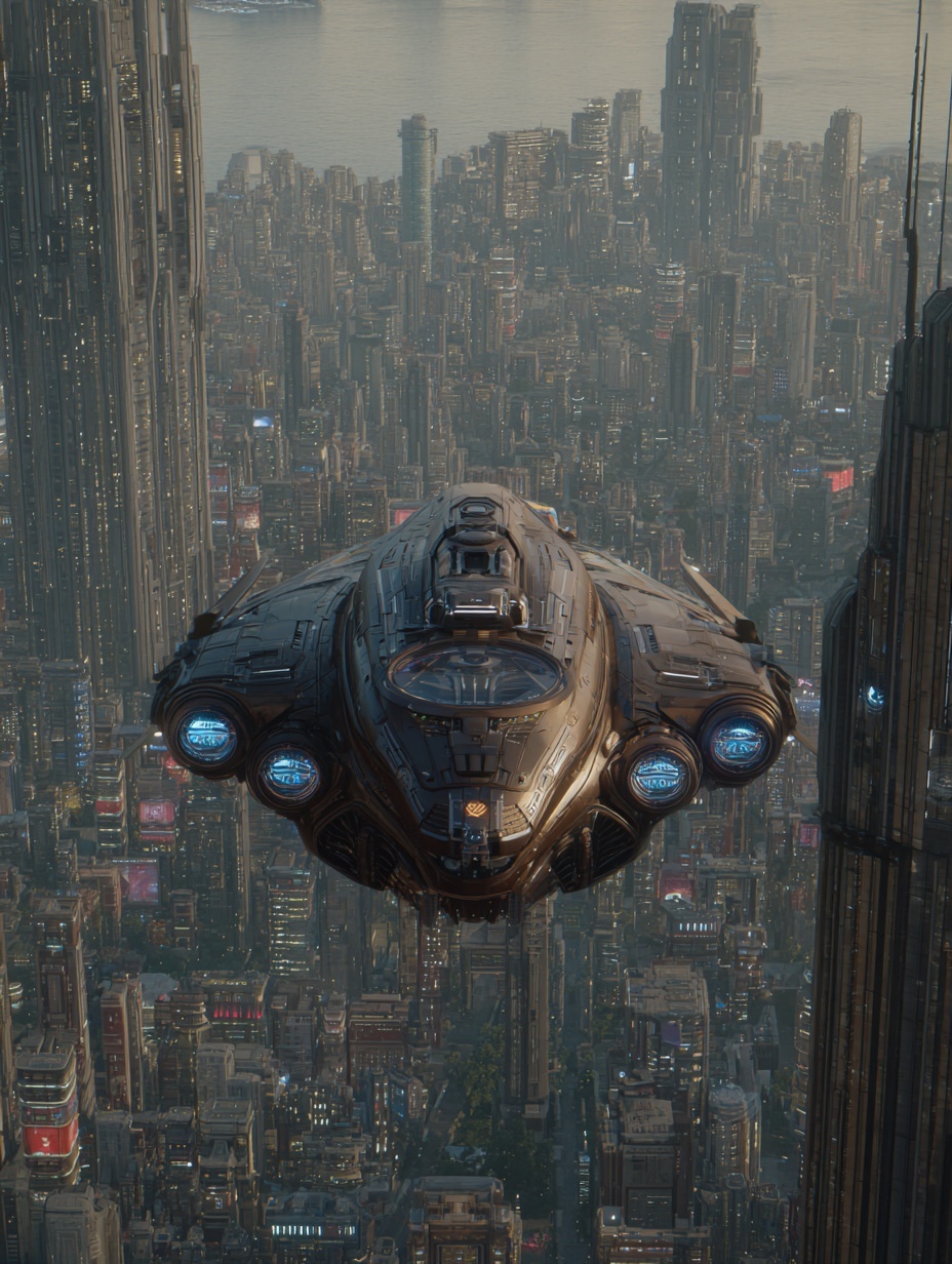 Cinematic shot of a colossal futuristic vehicle, a...