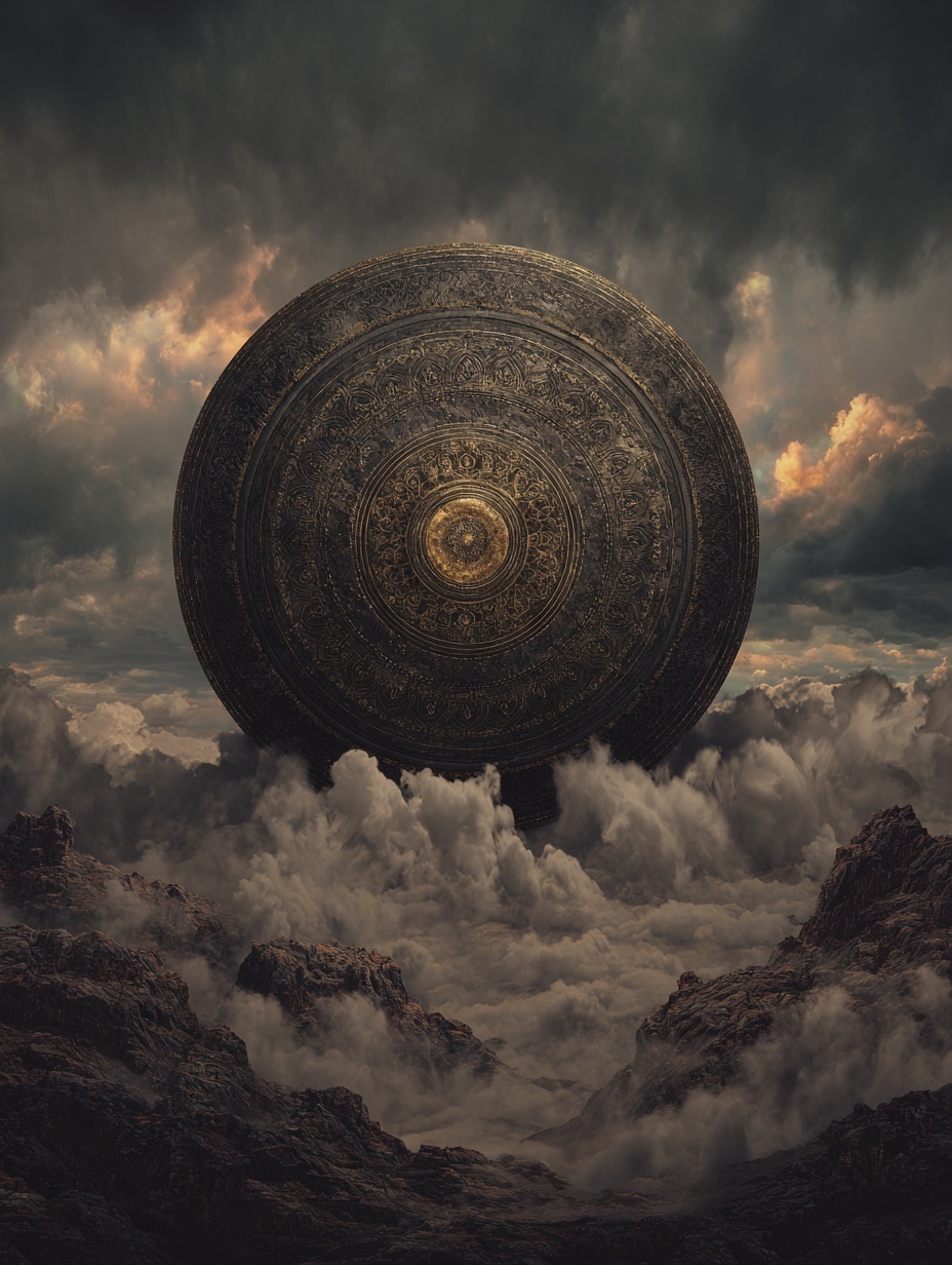 ancient giant round disc surrounded with storm clo...