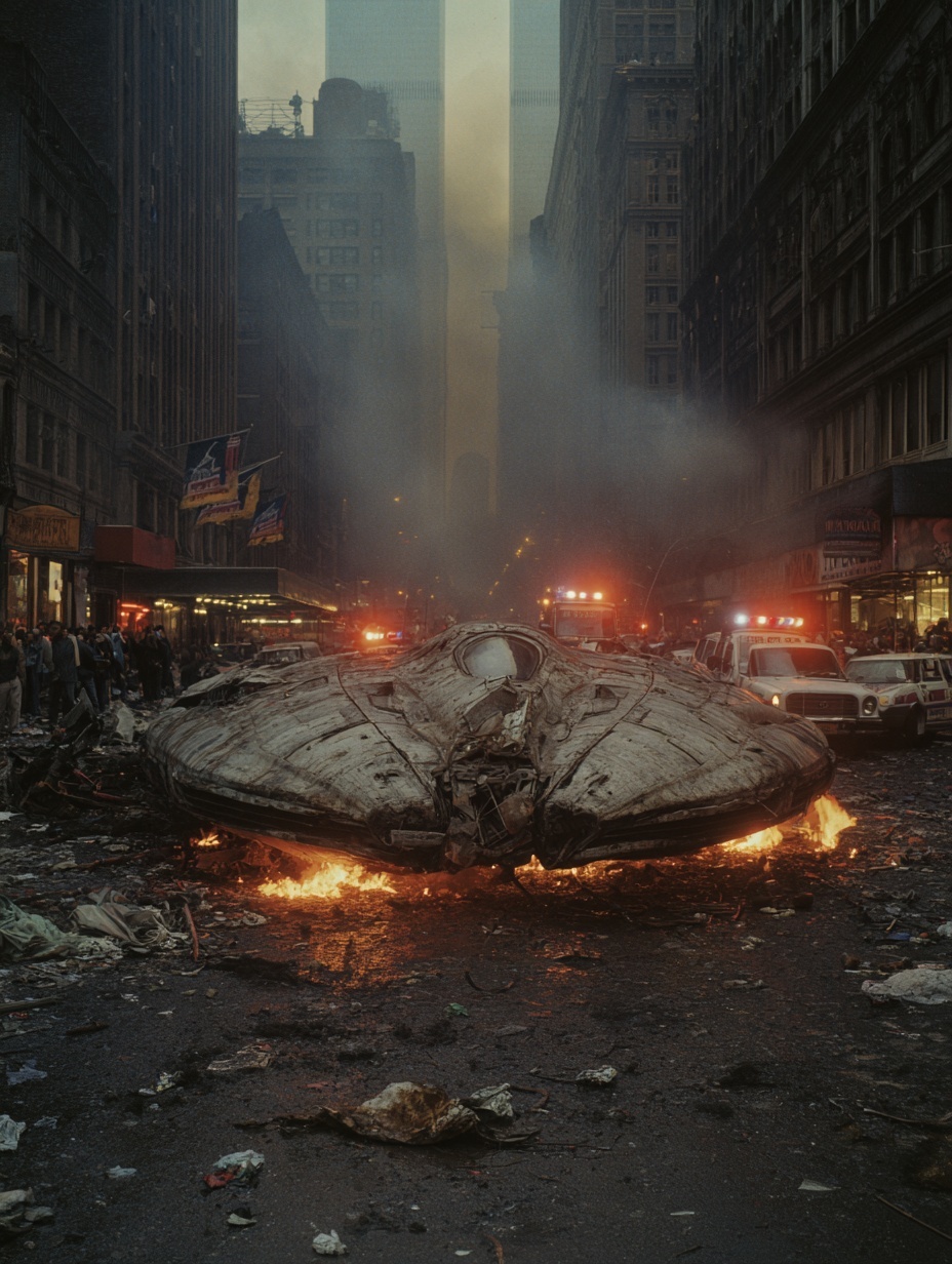 A dramatic photograph showcases a large, crashed a...