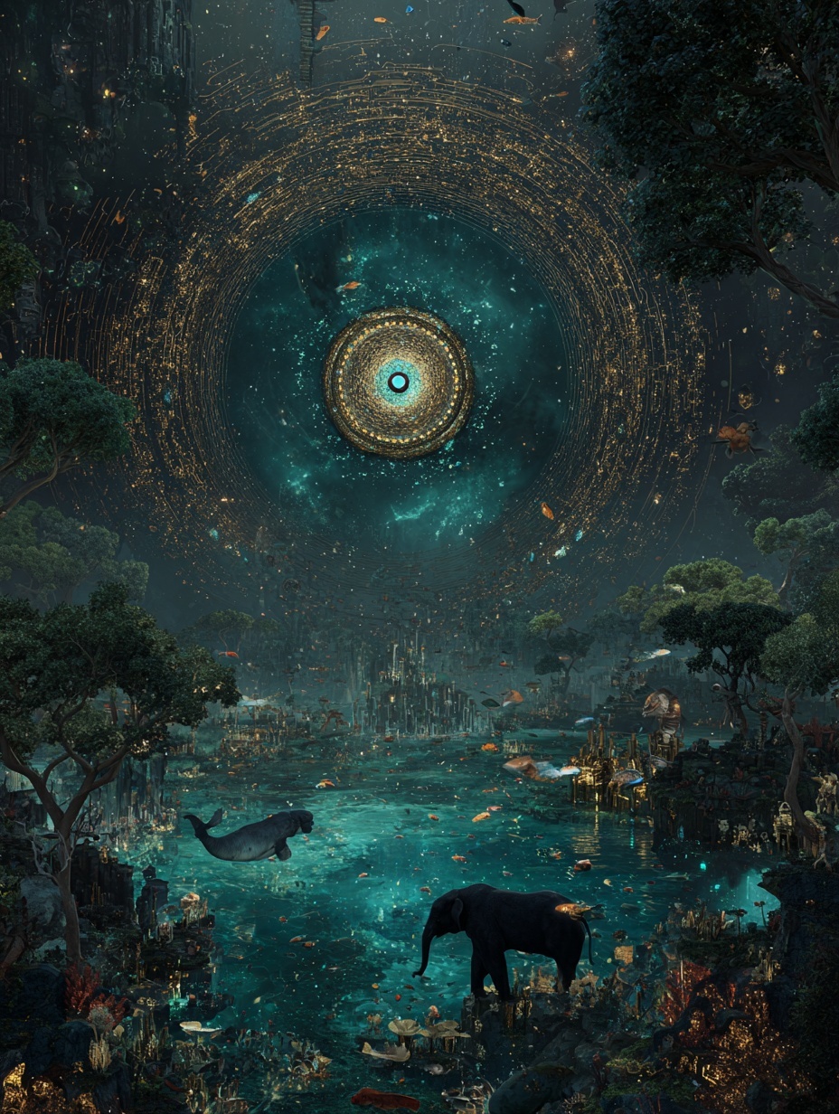 Surreal cyberpunk ecosystem, living planet core as...