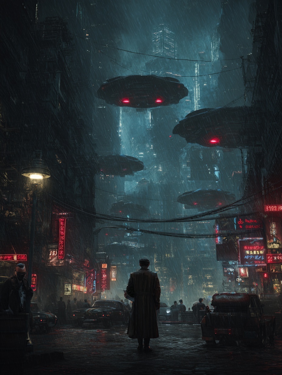 imagina un ambiente futurista estilo blade runner ...