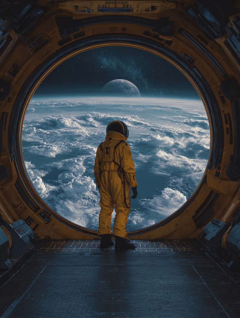 a man in a yellow space suit looking out on earth ...