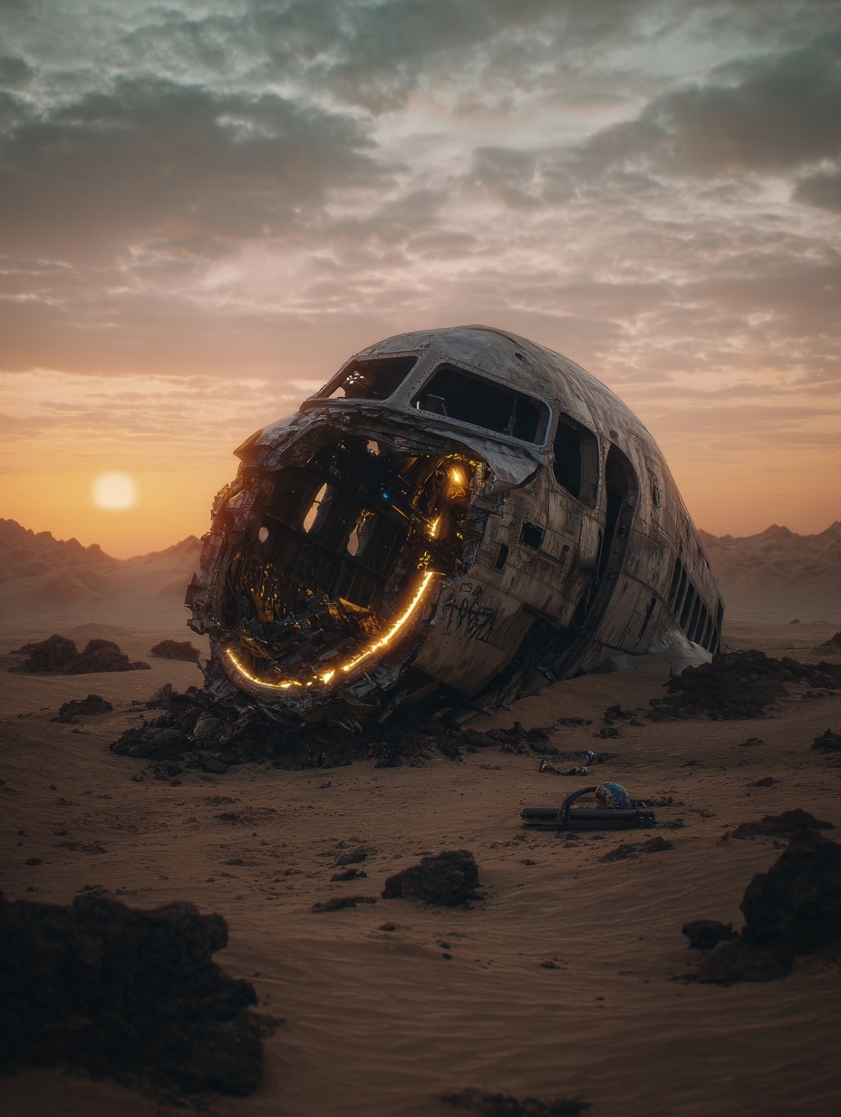 Crash site at dawn, broken landing gear buried in ...