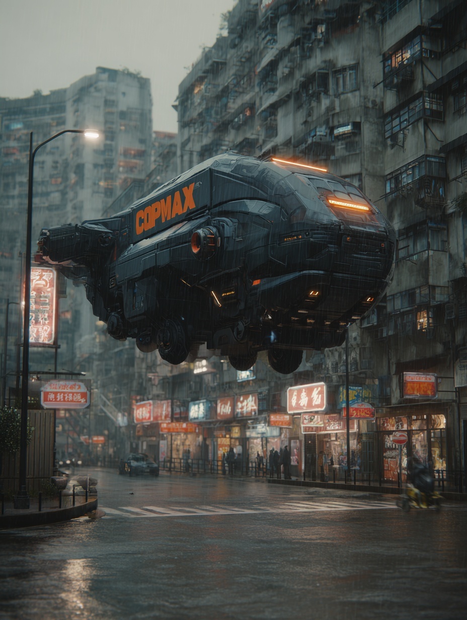 cinematic screengrab street level photo of a bulky...