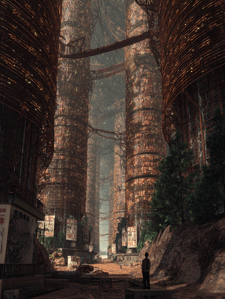post-apocalyptic silk forest, giant cocoon skyscra...