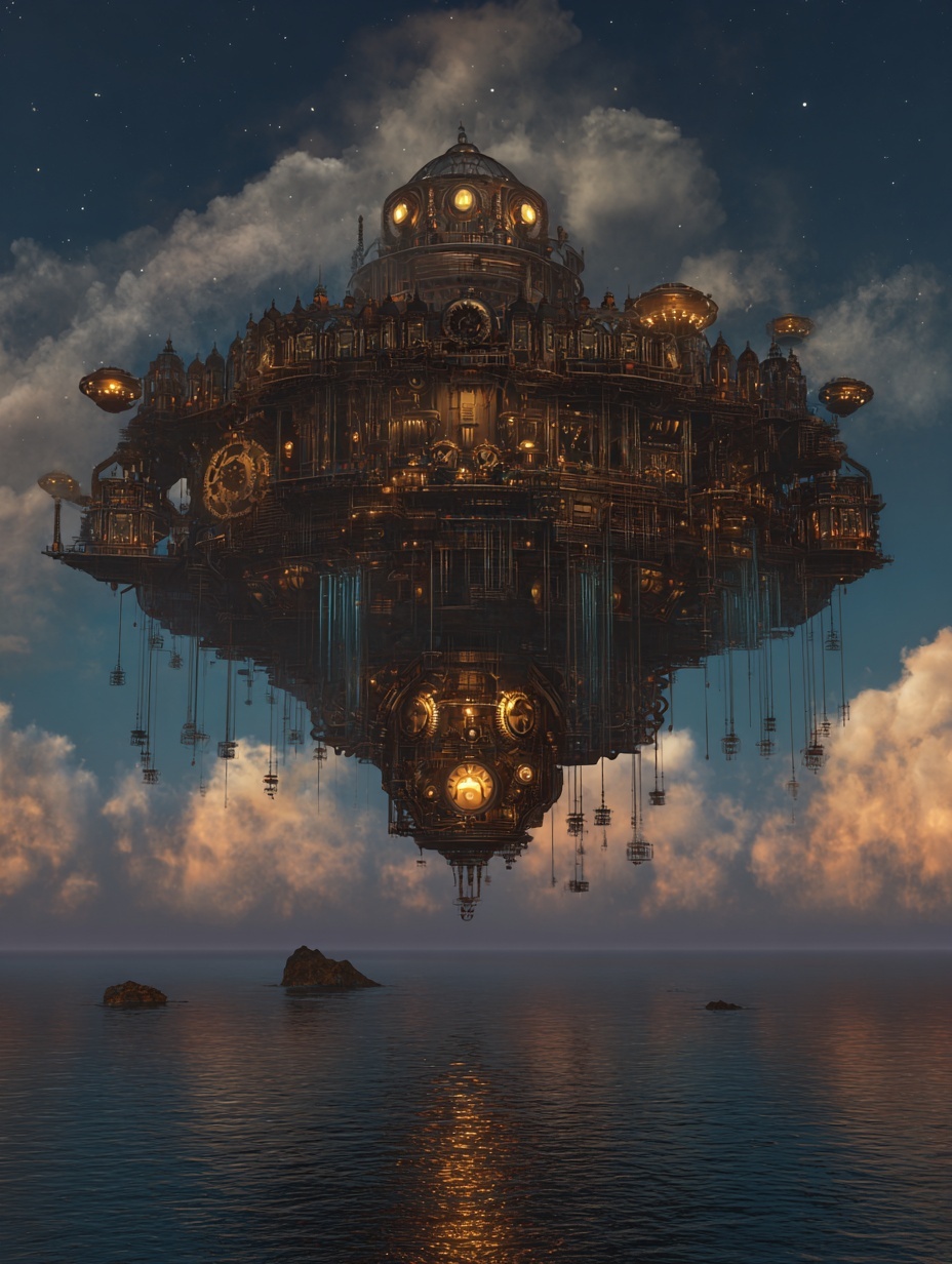 A floating steampunk-style mechanical island drift...