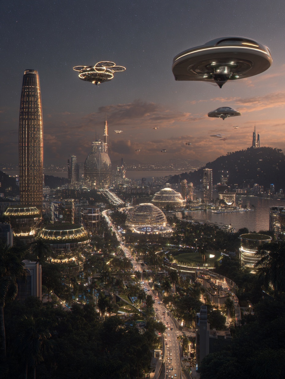 A futuristic smart city skyline at dusk, with glow...