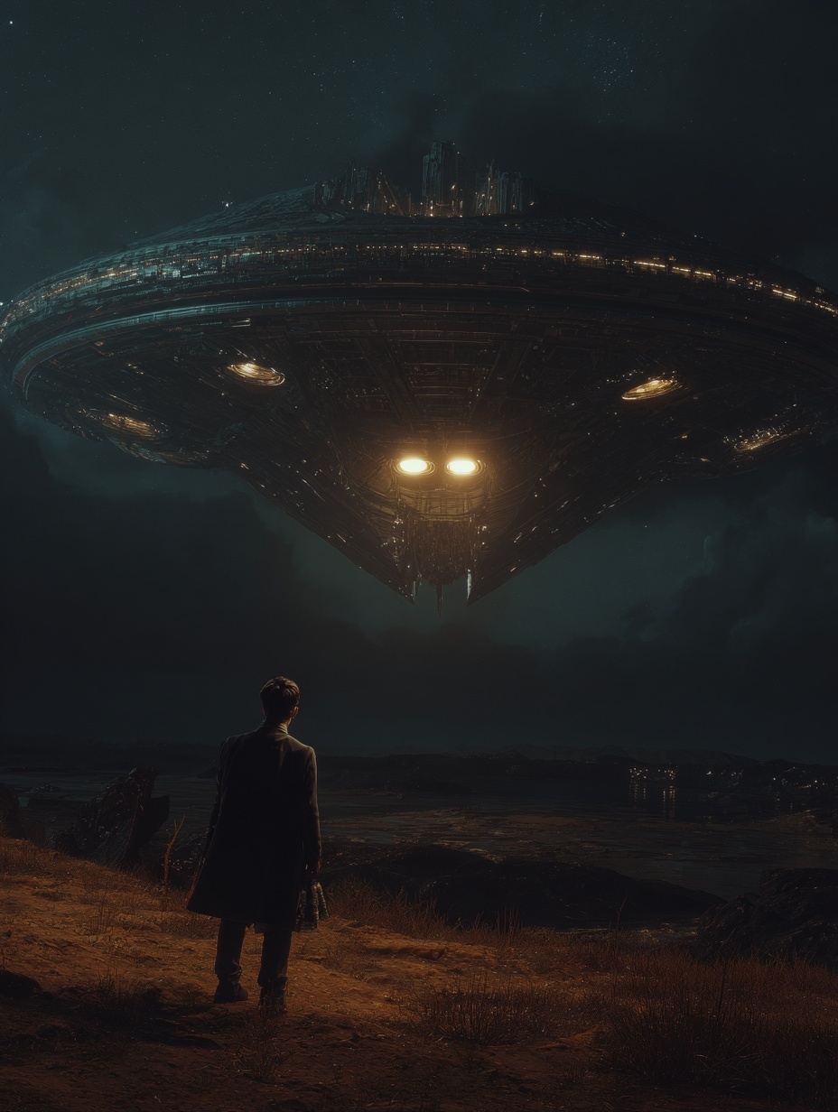 A man alone in the night looks up and sees a huge ...