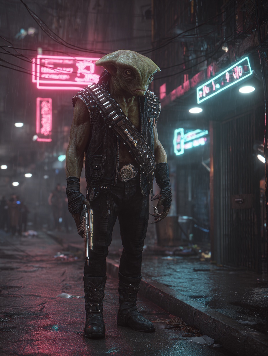 A cinematic portrait of a humanoid alien with a la...