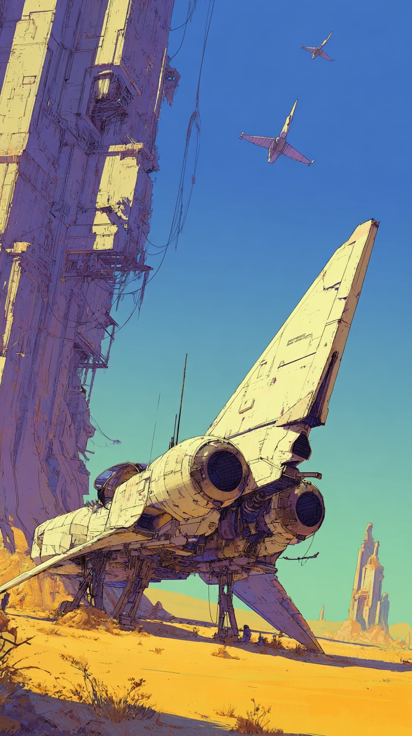 side view of a spaceship landing on the ground, in...