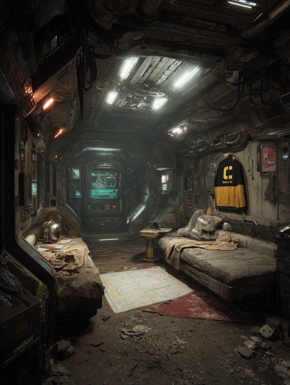 A photorealistic shot of the derelict crew quarter...