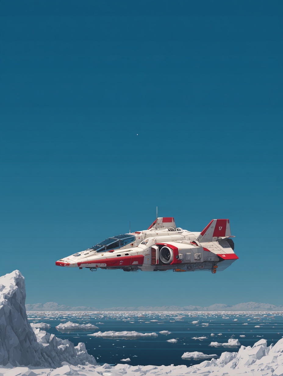 a red and white spacecraft flying over the ice, si...