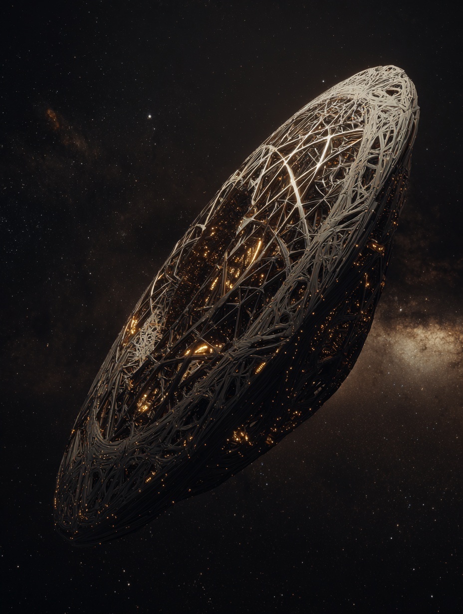 Photo of a colossal alien spacecraft with a mesh-l...