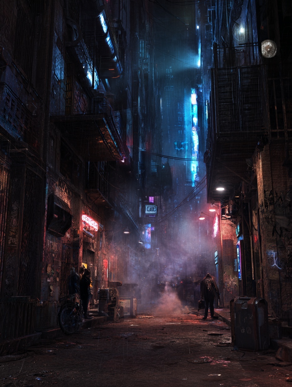 In a science fiction world. the back alley of a ci...