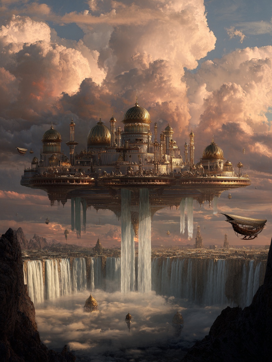 a massive floating city suspended in the sky, glow...