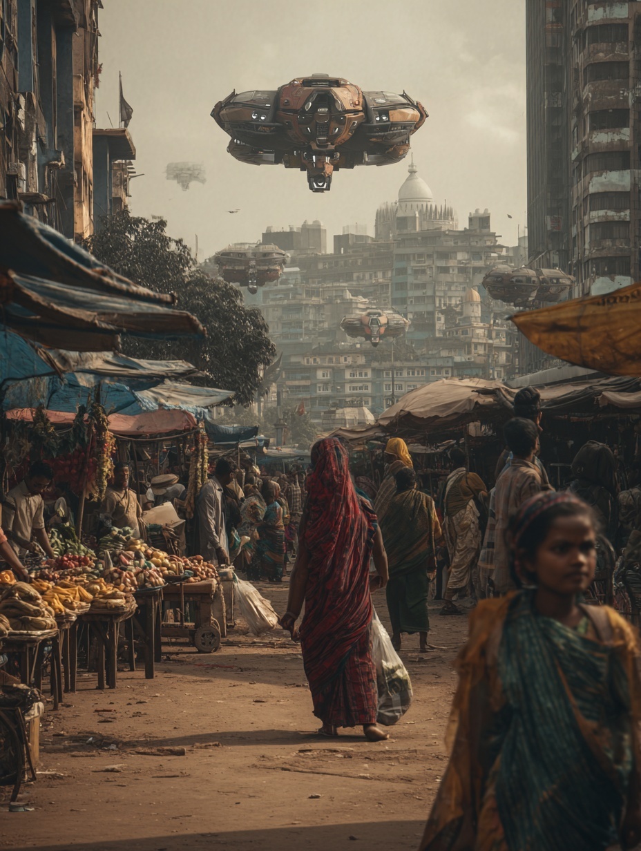 A photo of future dhaka city, subject is a market ...