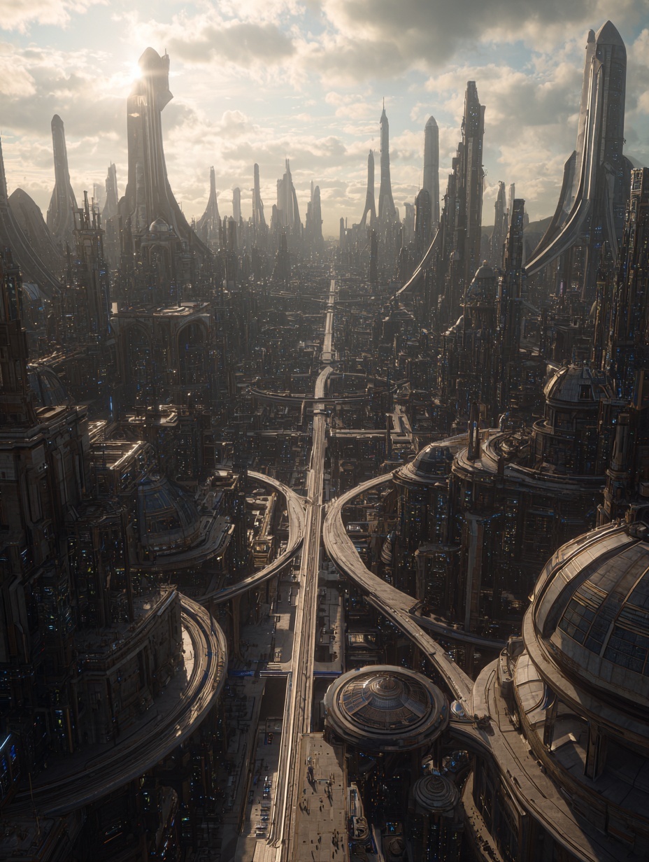 A vast futuristic cityscape stretching to the hori...