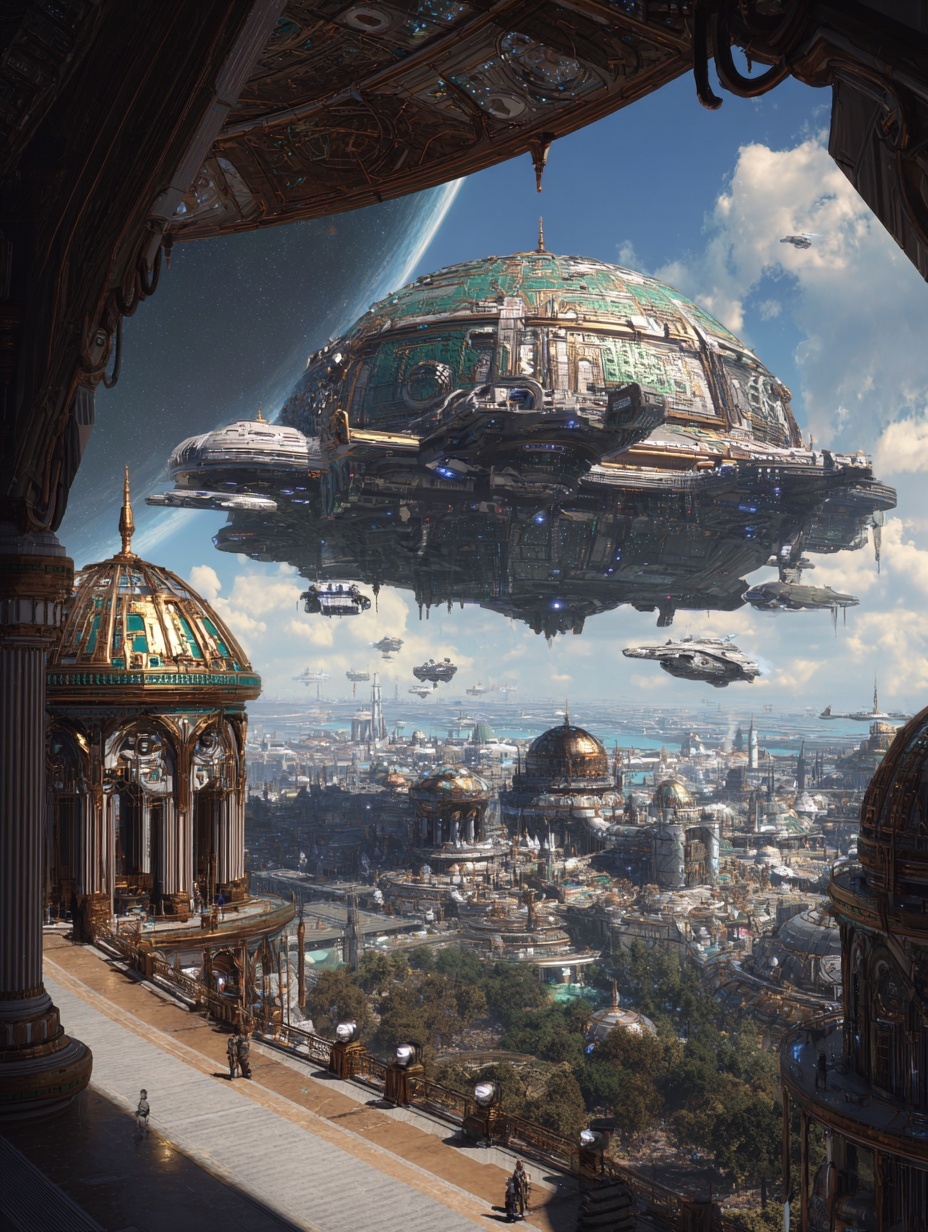A futuristic spaceport city floating in the air, s...