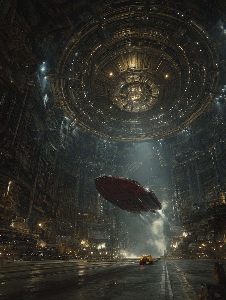 a civilian starship taking off from a futuristic s...