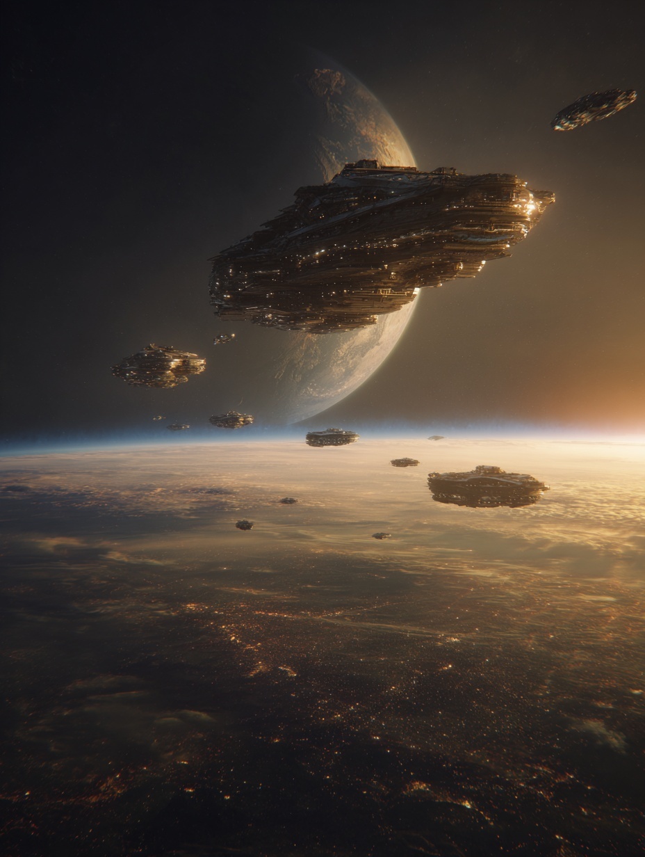 slow forward tracking shot as alien fleet exits li...