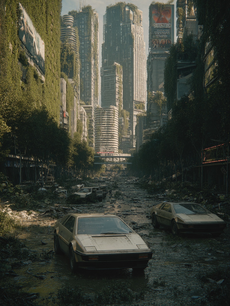 Abandoned city streets, post-apocalypse, futuristi...