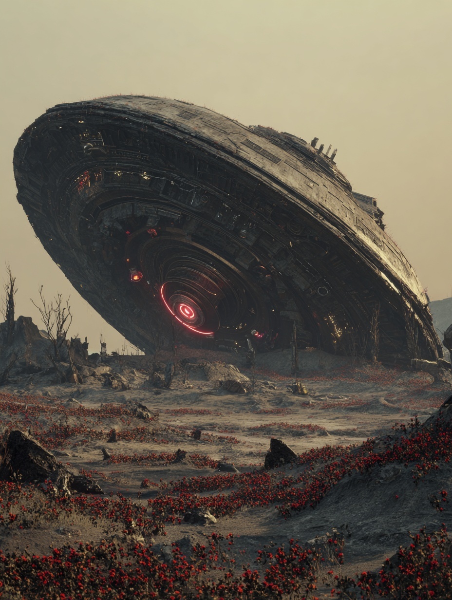 A massive alien spaceship, once powerful and lumin...