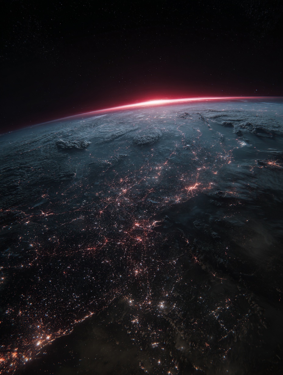 Far above the world, the Earth spins slowly in the...