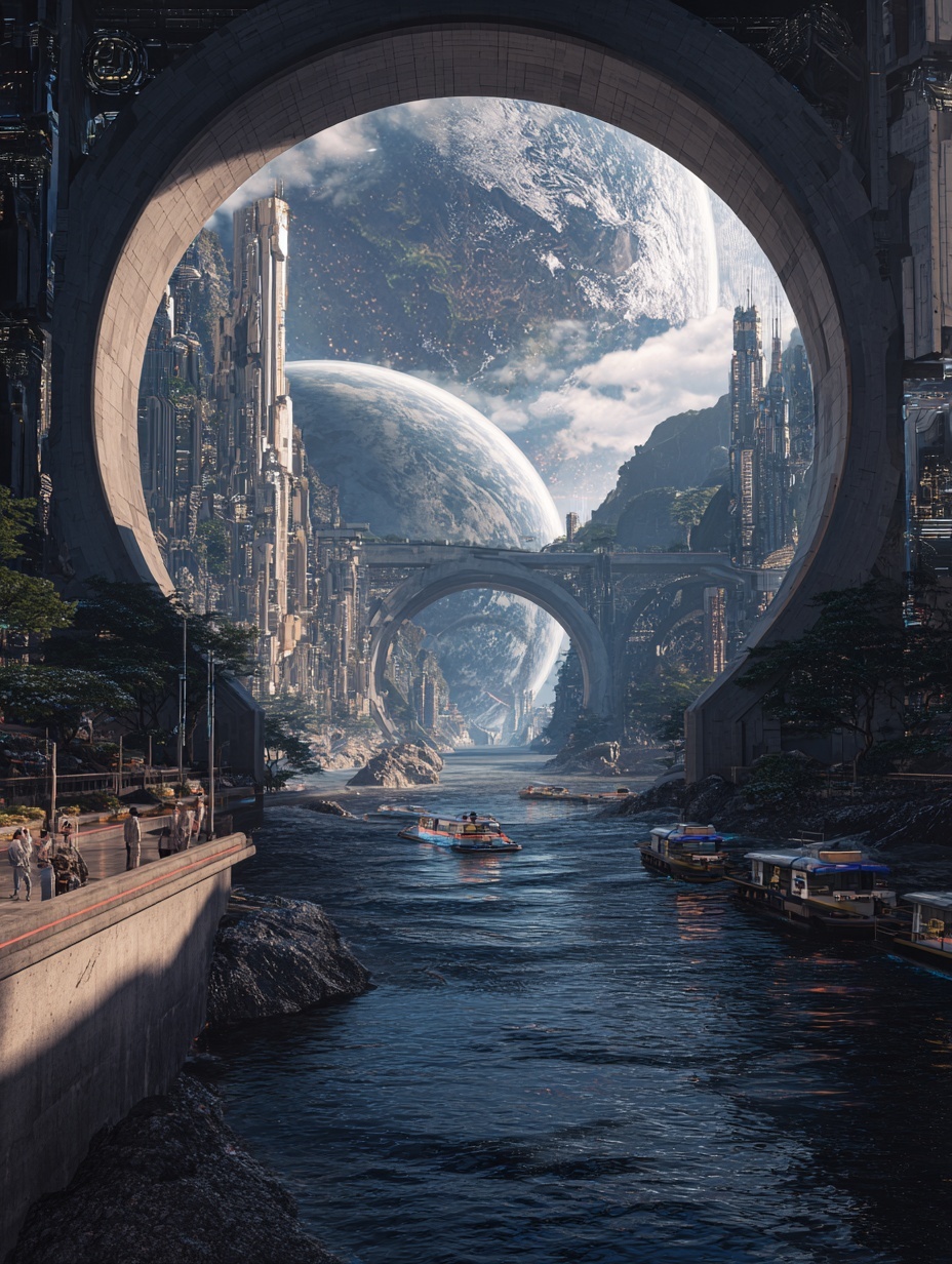 A perspective shot looking down a wide river with ...