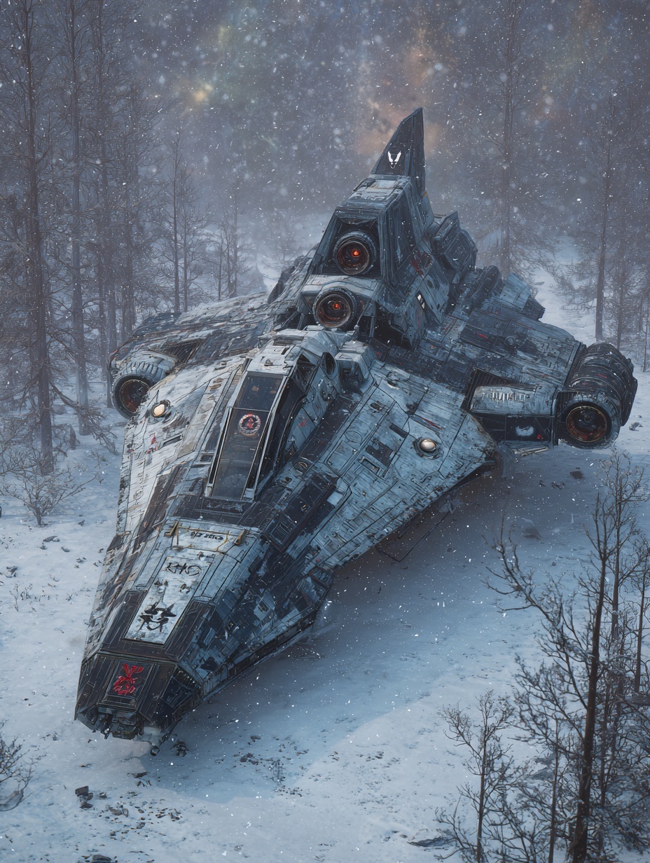 frost-encrusted space fighter with Nordic black me...