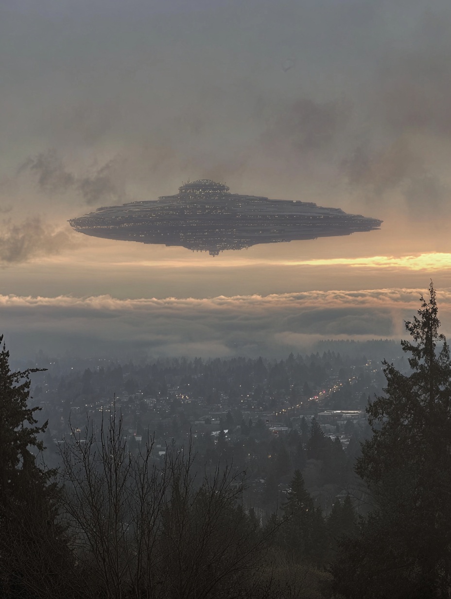 Enormous alien battleship in space above and behin...