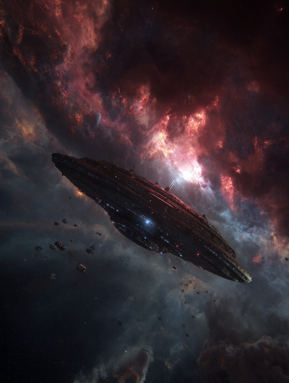 A giant futuristic spaceship flying through a nebu...