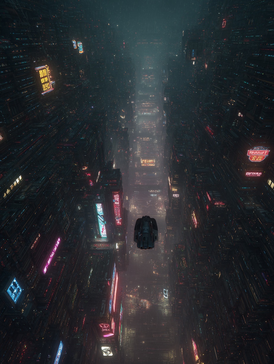 Futuristic city at night. medium height. Slow dron...