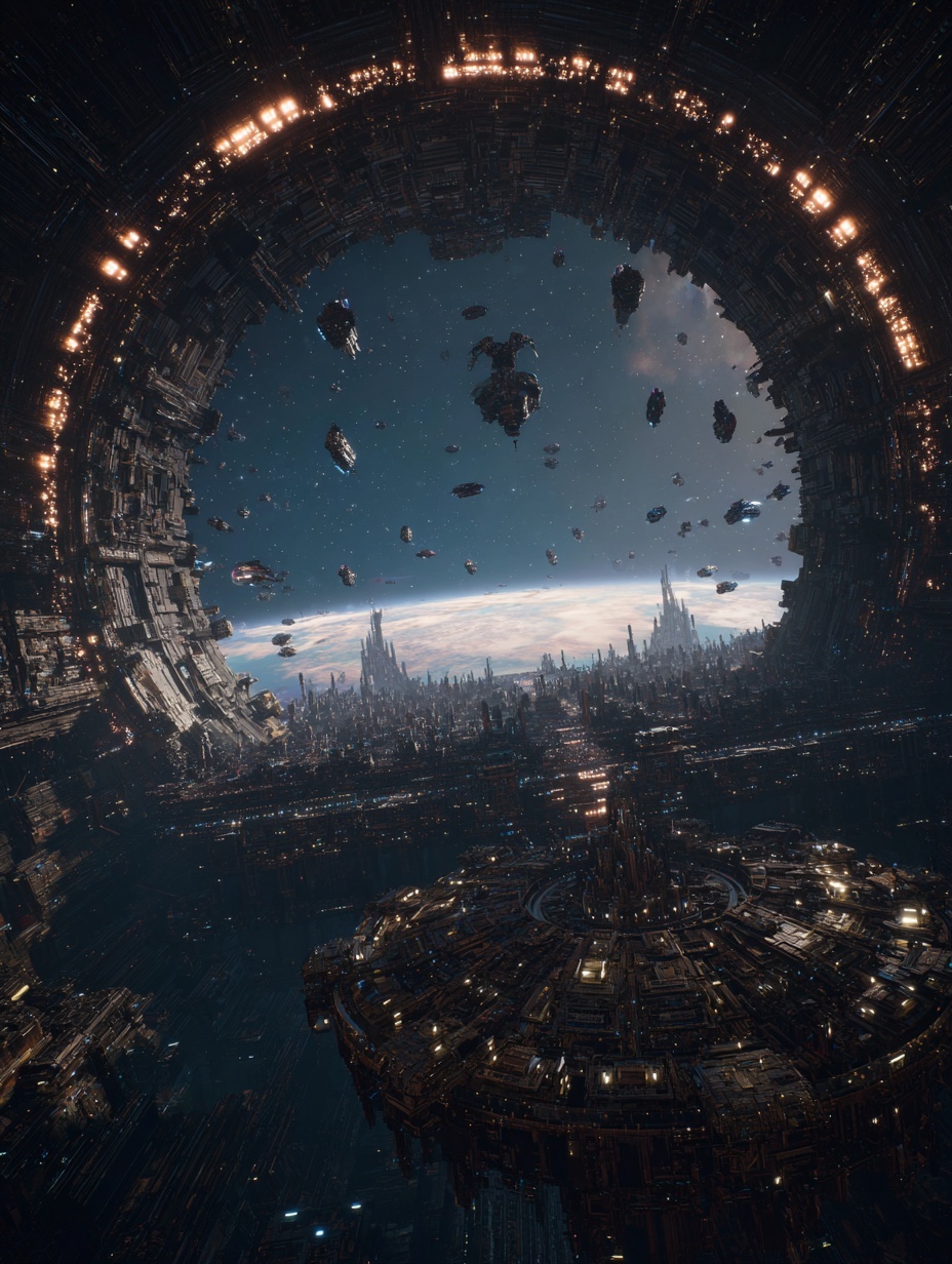 A massive space station with glowing lights, a hug...