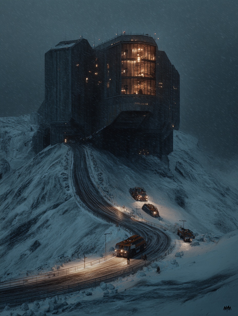 futuristic arctic fortress atop a snow-covered mou...
