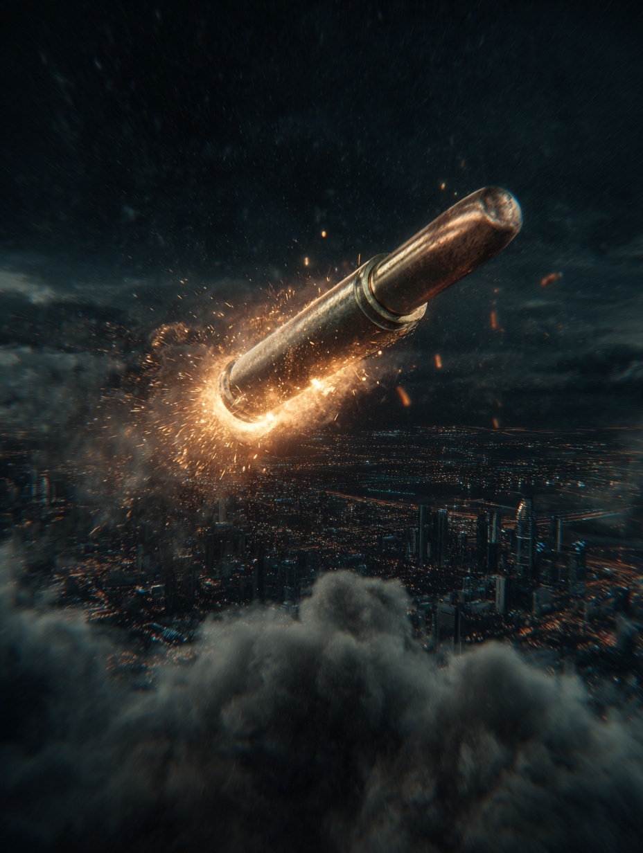 a cinematic bullet-cam perspective, flying bullet ...