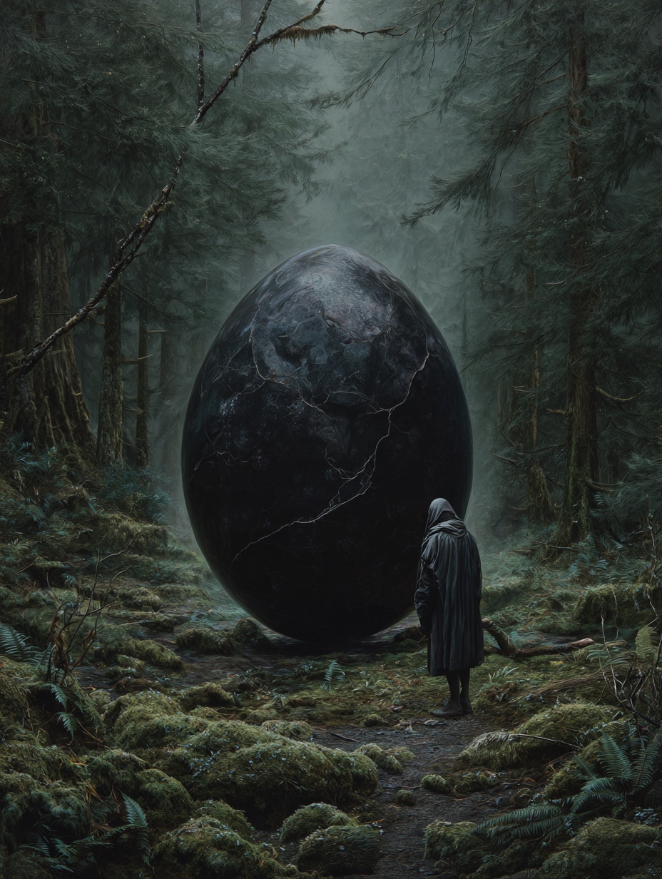 A gloomy black egg shell lies in a dark forest, gr...