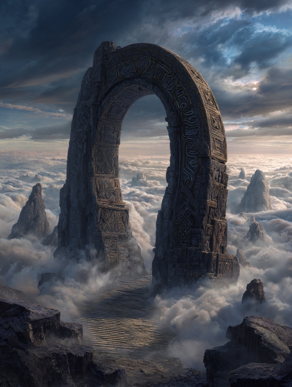 Massive stone archway covered in glowing runes, pa...