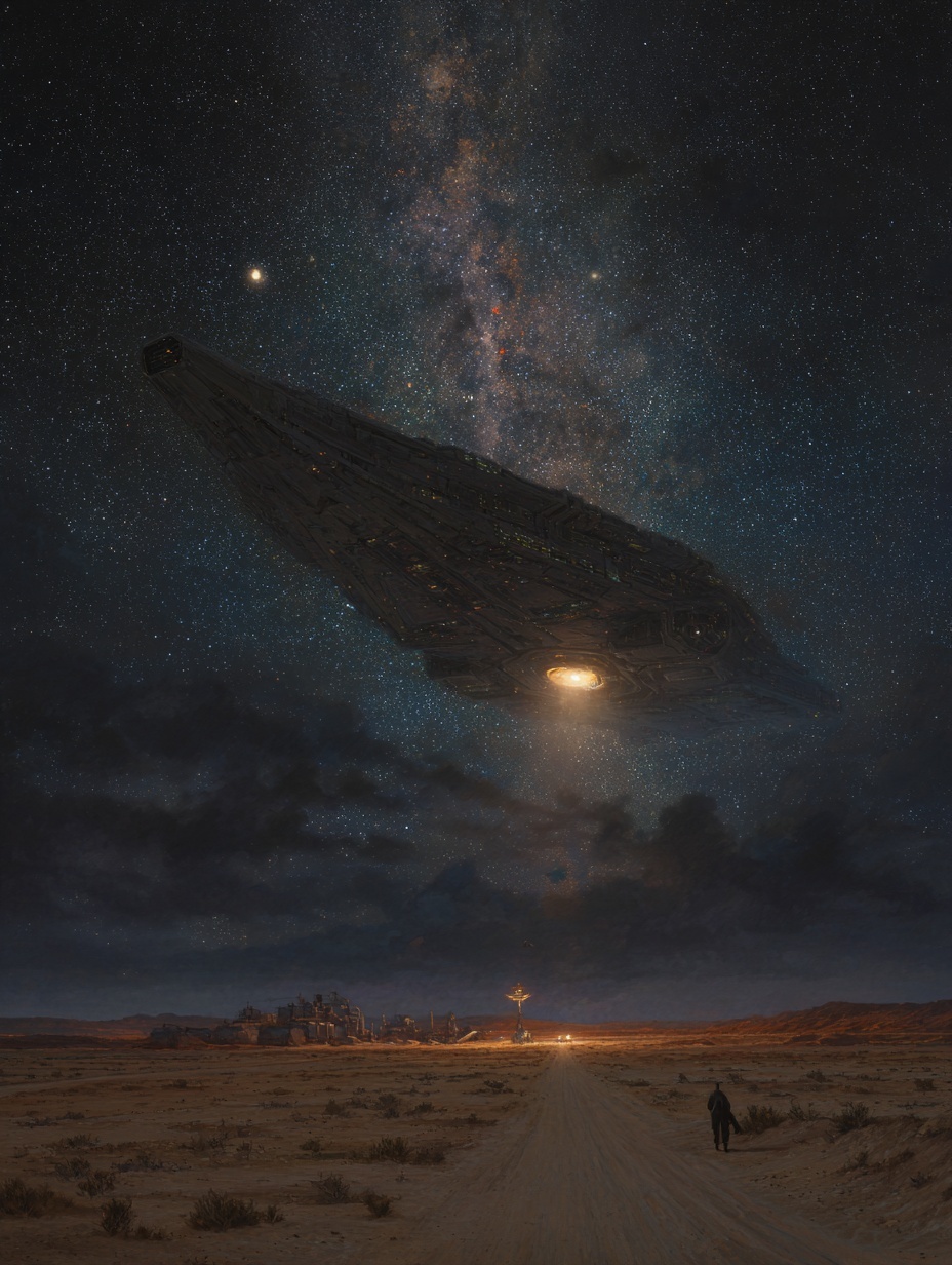 A fascinating painting. A deserted land, a futuris...