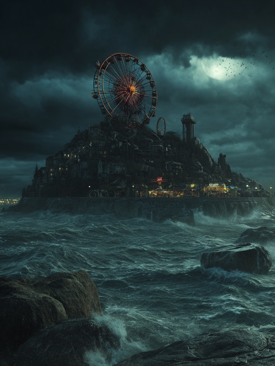 A large island in a stormy sea at night, high upon...