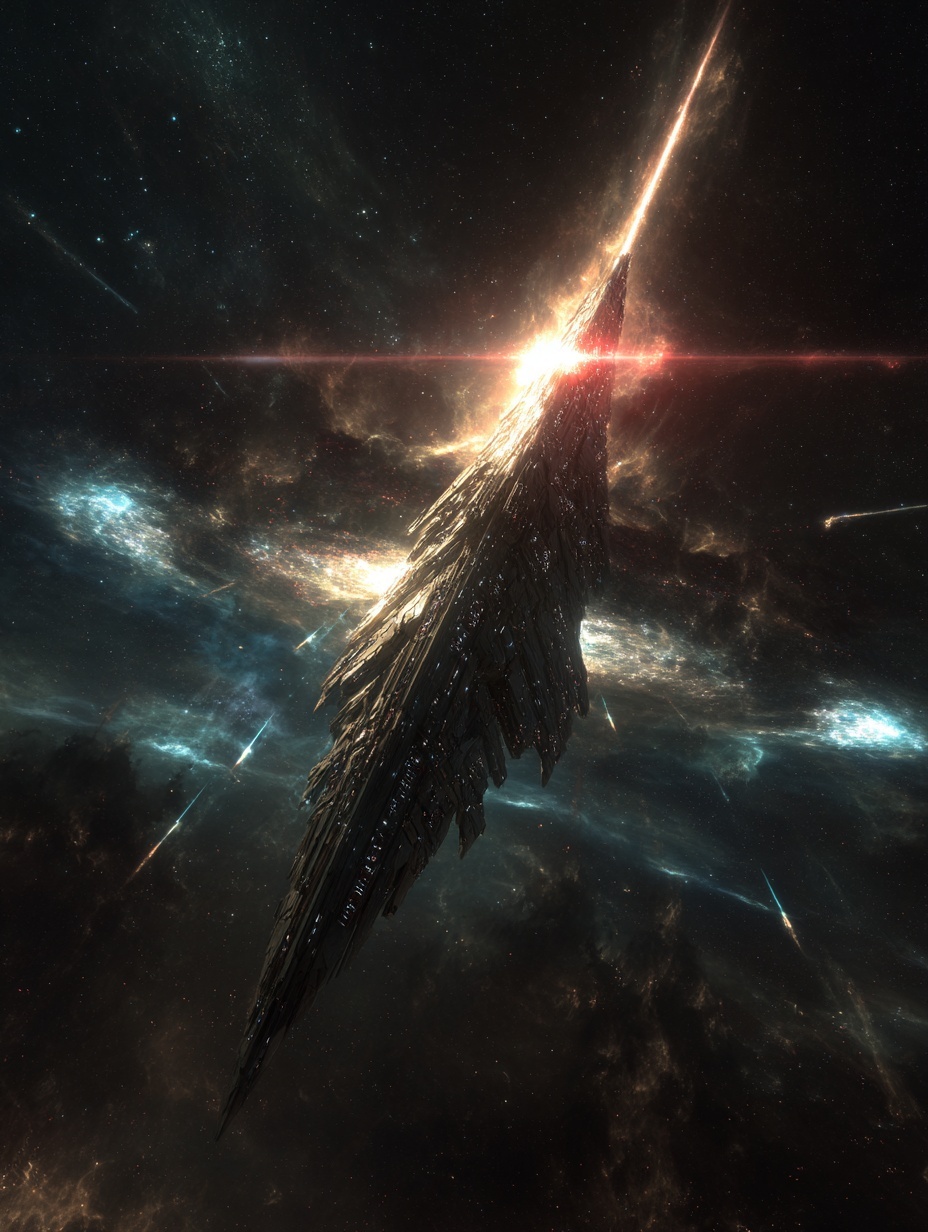 A colossal flagship starship from a futuristic emp...