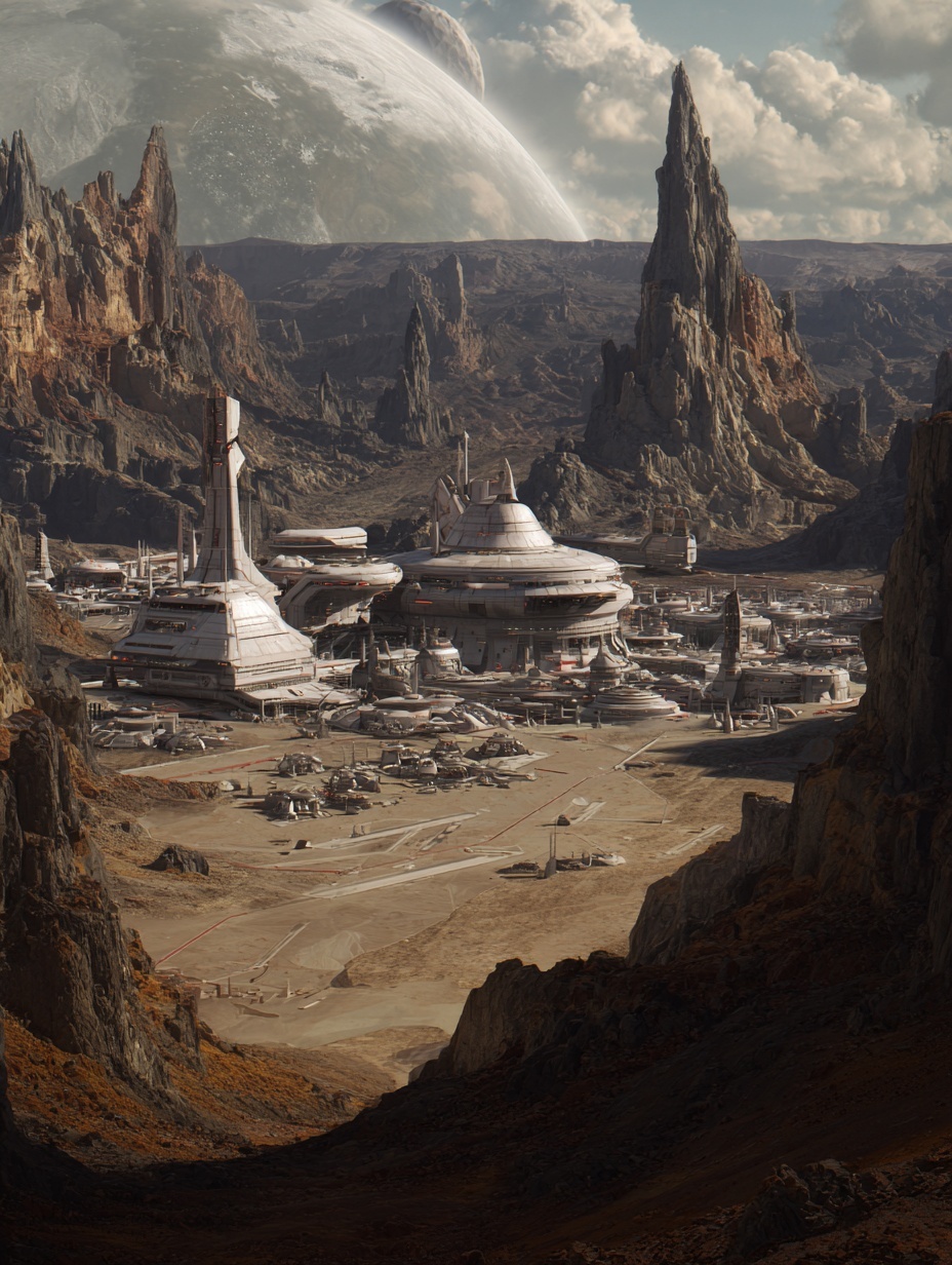 An alien city of stone and steel, nestled in jagge...
